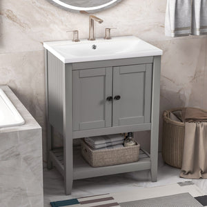 English Elm [Video] 24" Grey Modern Sleek Bathroom Vanity Elegant Ceramic Sink With Solid Wood Frame Open Style Shelf (Old Sku: Jl000004Aae)