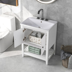 English Elm [video] 24 Inch Freestanding Bathroom Vanity Birch Wood Frame Ceramic Sink Open Shelf JL000004AAK