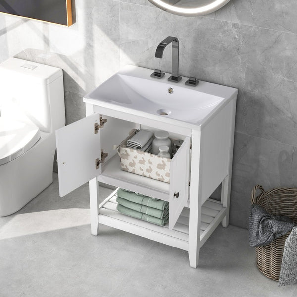 English Elm [video] 24 Inch Freestanding Bathroom Vanity Birch Wood Frame Ceramic Sink Open Shelf JL000004AAK