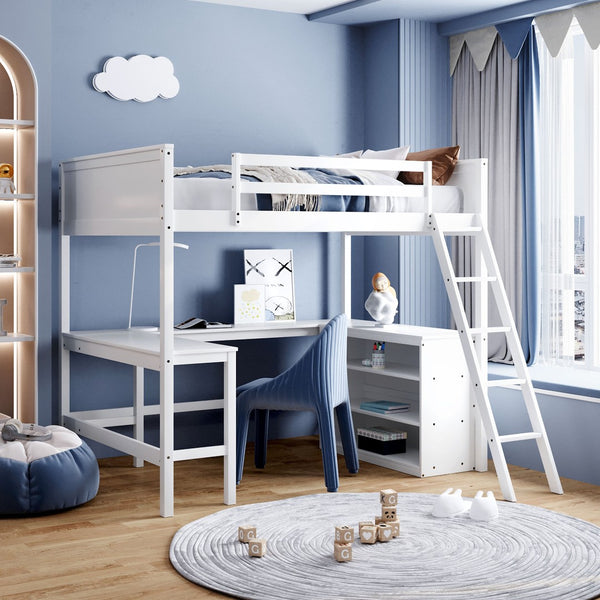 English Elm Full Size White Wood Loft Bed with Integrated Desk Shelves for Kids Teen Rooms LT000538AAK
