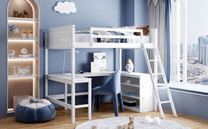 English Elm Full Size White Wood Loft Bed with Integrated Desk Shelves for Kids Teen Rooms LT000538AAK