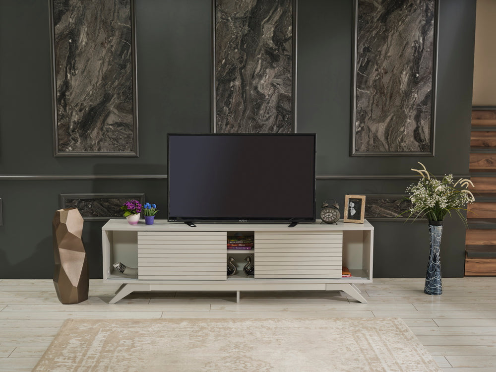 English Elm Furnishome Luxia Mid Century Modern Tv Stand - Stylish 67" Unit With Sliding Doors & Shelves In Grey B02949494