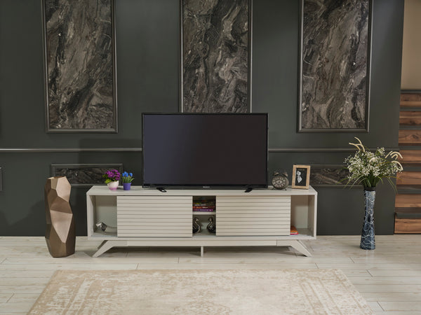 English Elm Furnishome Luxia Mid Century Modern Tv Stand - Stylish 67" Unit With Sliding Doors & Shelves In Grey B02949494