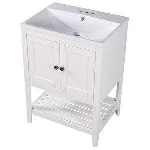 English Elm [video] 24 Inch Freestanding Bathroom Vanity Birch Wood Frame Ceramic Sink Open Shelf JL000004AAK