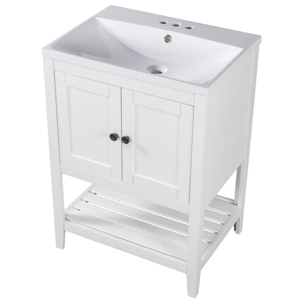 English Elm [video] 24 Inch Freestanding Bathroom Vanity Birch Wood Frame Ceramic Sink Open Shelf JL000004AAK