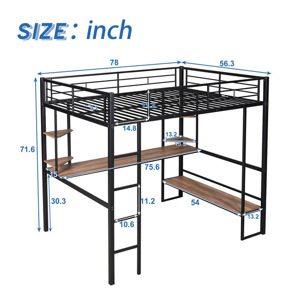 English Elm Full Metal & MDF Loft Bed Full with Long Under-Desk, 2-Tier Corner Shelves, Guardrail Ladder Black SM000608AAB
