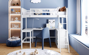 English Elm Full Size White Wood Loft Bed with Integrated Desk Shelves for Kids Teen Rooms LT000538AAK