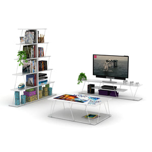 English Elm Furnishome Modern Tv Stand – 59" Low-Profile, 4 Open Shelves, Chic White & Chrome Design, Cable Management B02949478