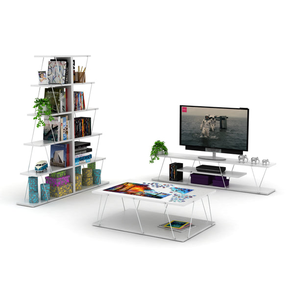 English Elm Furnishome Modern Tv Stand – 59" Low-Profile, 4 Open Shelves, Chic White & Chrome Design, Cable Management B02949478