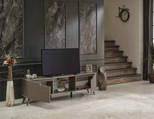 English Elm FurnisHome Denver 66" Mid Century Modern TV Stand – Solid Wood 2-Door Console w/ Glass Shelf, Brown B02949500