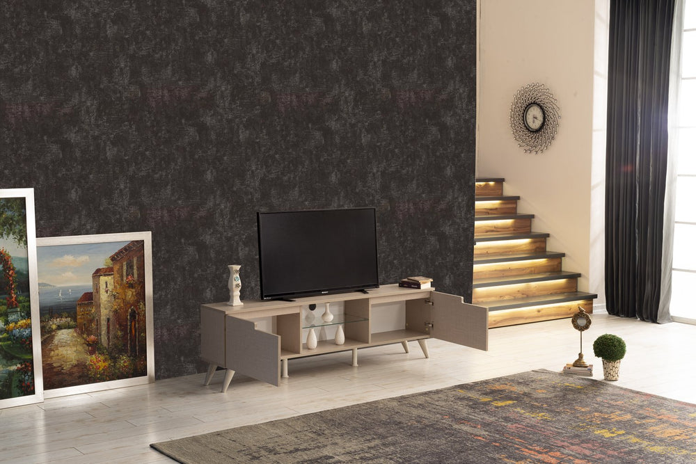 English Elm Furnishome Denver Mid Century Modern Tv Stand With 2 Doors, Glass Shelf, And Stylish Beige Finish B02949499