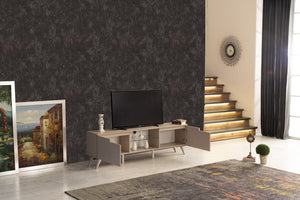 English Elm Furnishome Denver Mid Century Modern Tv Stand With 2 Doors, Glass Shelf, And Stylish Beige Finish B02949499