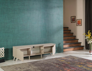 English Elm Furnishome Denver Mid Century Modern Tv Stand With 2 Doors, Glass Shelf, And Stylish Beige Finish B02949499