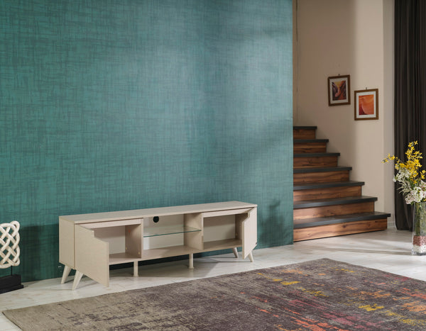 English Elm Furnishome Denver Mid Century Modern Tv Stand With 2 Doors, Glass Shelf, And Stylish Beige Finish B02949499