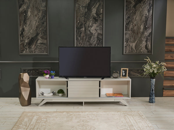 English Elm Furnishome Luxia Mid Century Modern Tv Stand - Stylish 67" Unit With Sliding Doors & Shelves In Grey B02949494