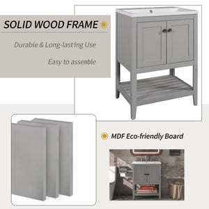 English Elm 24" Modern Sleek Bathroom Vanity with Ceramic Sink, Solid Wood Frame, Waterproof Finish and Open Shelf Storage Grey N725P246473E