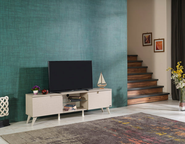 English Elm Furnishome Denver Mid Century Modern Tv Stand With 2 Doors, Glass Shelf, And Stylish Beige Finish B02949499