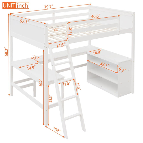 English Elm Full Size White Wood Loft Bed with Integrated Desk Shelves for Kids Teen Rooms LT000538AAK