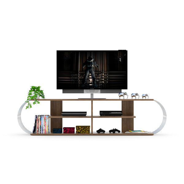 English Elm Furnishome Mid Century Modern Tv Stand With 4 Open Shelves For 68-Inch Tvs - Walnut & Chrome Elegance B02949472