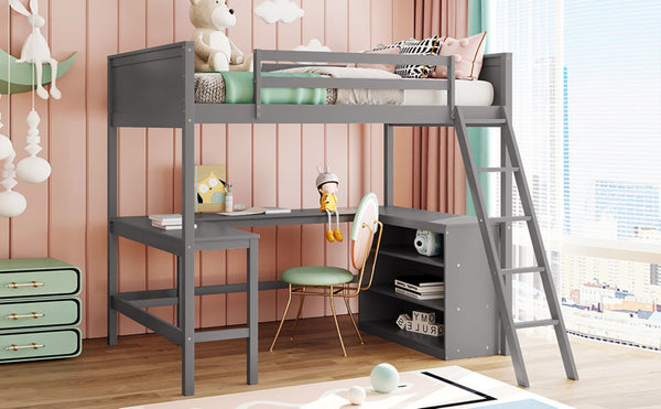 English Elm Full Size White Wood Loft Bed with Integrated Desk Shelves for Kids Teen Rooms Gray LT000538AAE