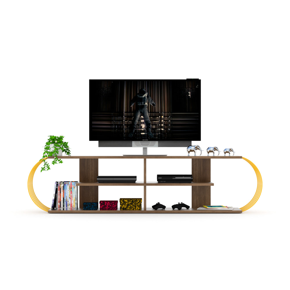 English Elm Furnishome Mid Century Modern Tv Stand With 4 Open Shelves, Stylish Walnut Finish, Fits 68" Tvs B02949473