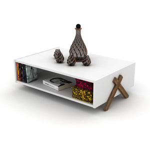 English Elm Ht Design Modern Walnut/White Cross Legs Rectangular Coffee Table With Interior Shelving & Style B02949563