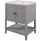 English Elm [Video] 24" Grey Modern Sleek Bathroom Vanity Elegant Ceramic Sink With Solid Wood Frame Open Style Shelf (Old Sku: Jl000004Aae)