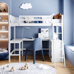 English Elm Full Size White Wood Loft Bed with Integrated Desk Shelves for Kids Teen Rooms LT000538AAK