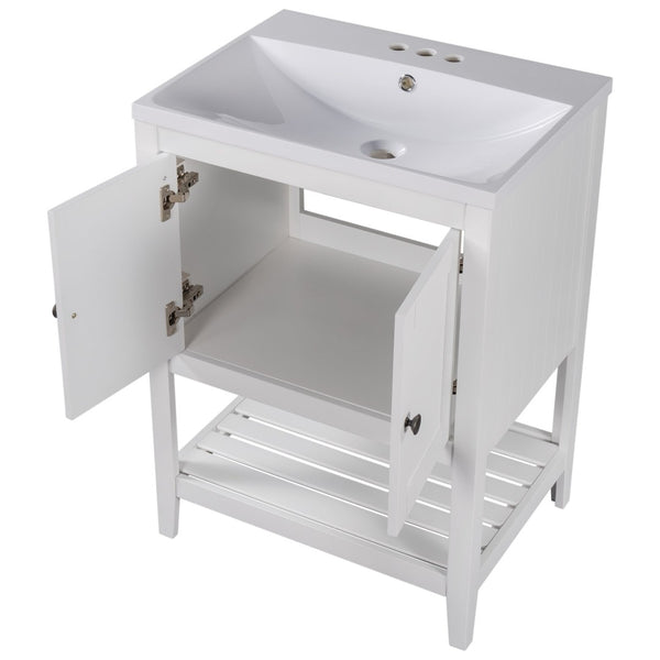 English Elm [video] 24 Inch Freestanding Bathroom Vanity Birch Wood Frame Ceramic Sink Open Shelf JL000004AAK