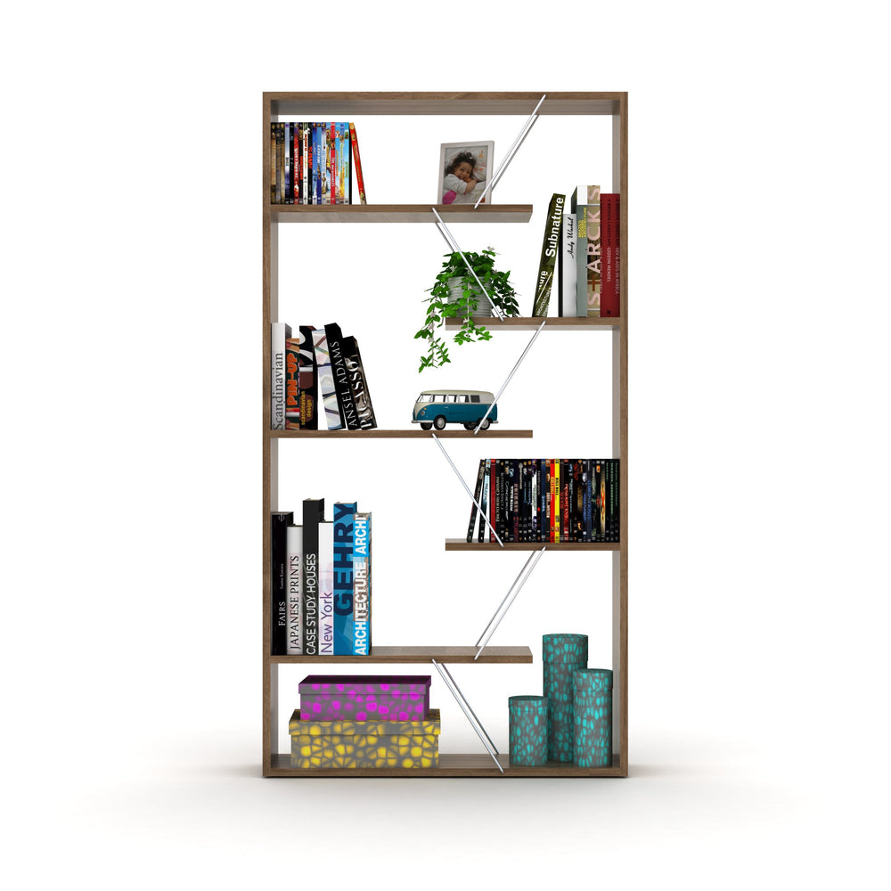 English Elm Furnish Industrial Open-Back Etagere Bookcase With 6 Shelves, Walnut-Chrome, Modern Storage Solution B02949512