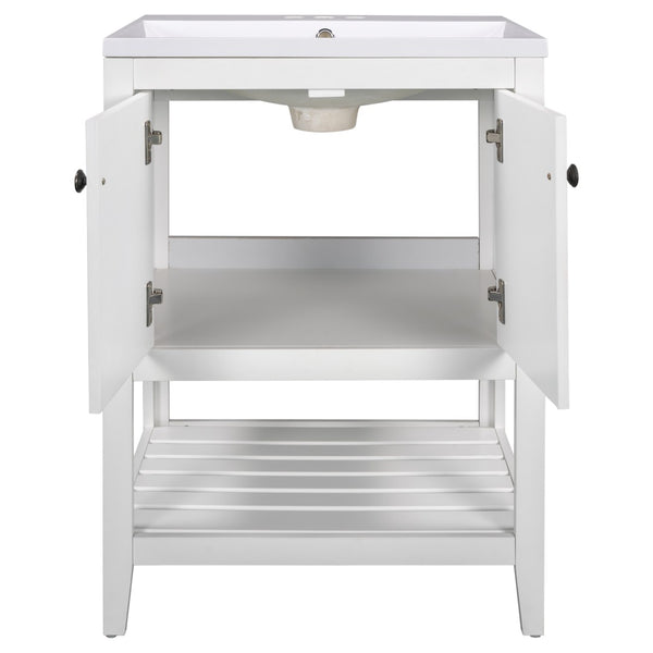 English Elm [video] 24 Inch Freestanding Bathroom Vanity Birch Wood Frame Ceramic Sink Open Shelf JL000004AAK