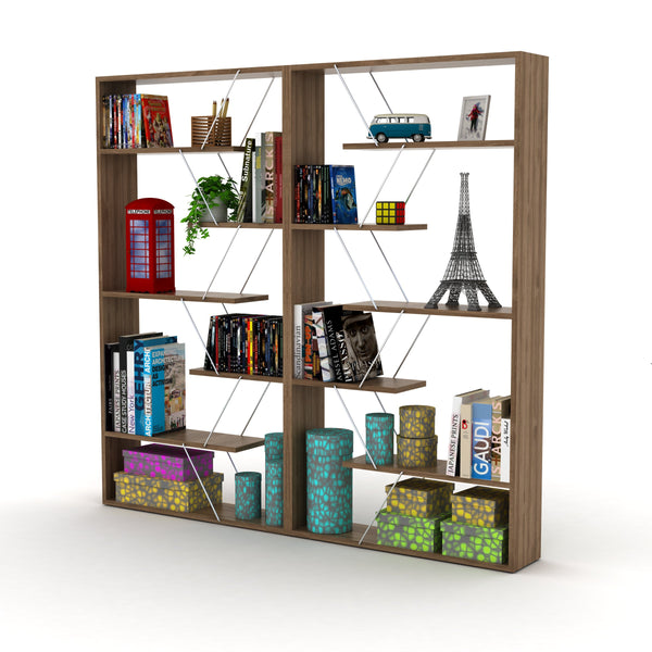 English Elm Furnish Industrial Open-Back Etagere Bookcase With 6 Shelves, Walnut-Chrome, Modern Storage Solution B02949512