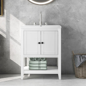 English Elm [video] 24 Inch Freestanding Bathroom Vanity Birch Wood Frame Ceramic Sink Open Shelf JL000004AAK
