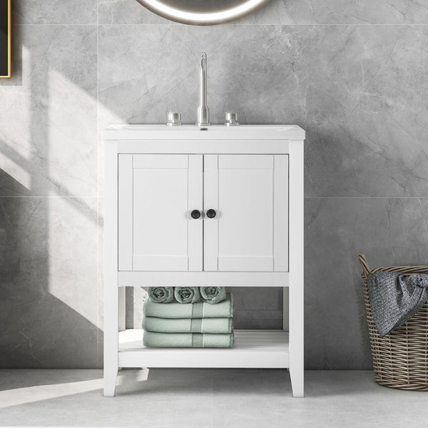 English Elm [video] 24 Inch Freestanding Bathroom Vanity Birch Wood Frame Ceramic Sink Open Shelf JL000004AAK