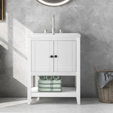 Hearth and Haven Roland Bathroom Vanity with Ceramic Sink and Open Shelf, White