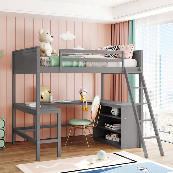 English Elm Full Size White Wood Loft Bed with Integrated Desk Shelves for Kids Teen Rooms Gray LT000538AAE