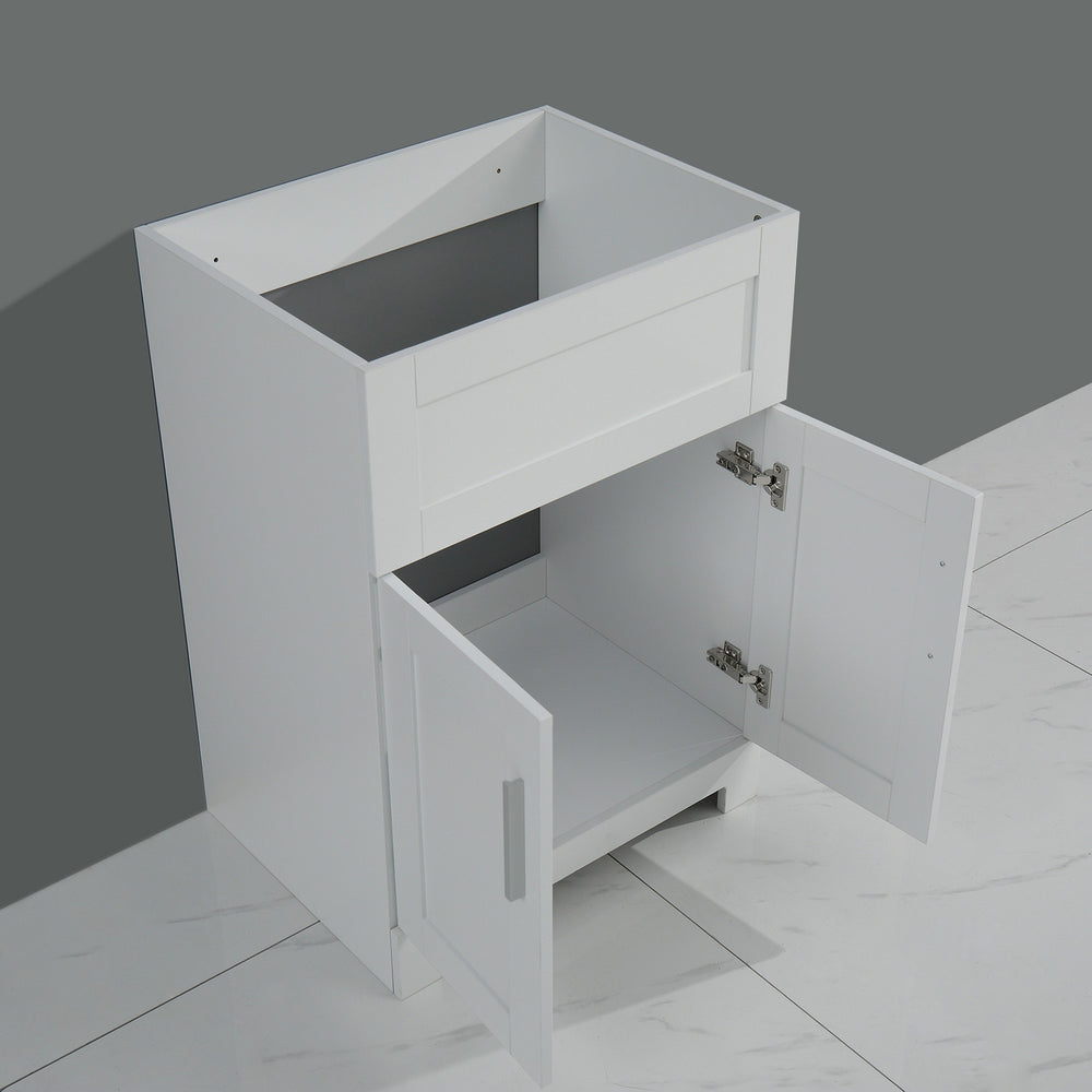 English Elm 24in White Laundry Utility Cabinet Combo with Brushed Stainless Sink, Tall Faucet, Soft-Close Hinges W1223S00010