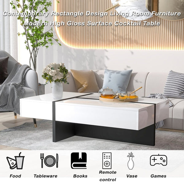 English Elm On-trend Gloss Rectangular Coffee Table with Drawer Black White Living Room WF292142AAK