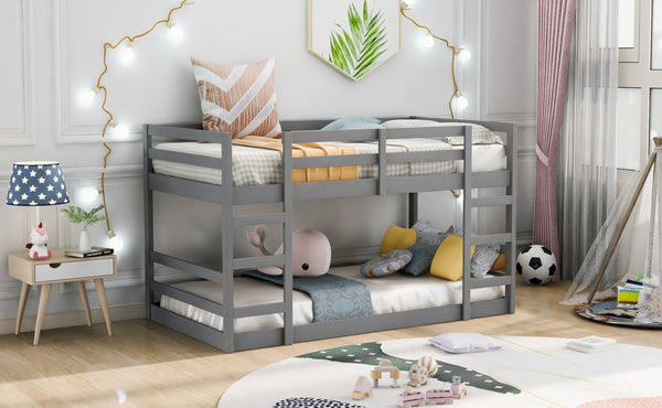 English Elm Twin Over Bunk Bed Solid Pine Frame Gray Finish Full Guardrail Kids Room N708P251018E