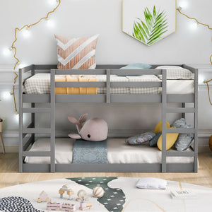 English Elm Twin Over Bunk Bed Solid Pine Frame Gray Finish Full Guardrail Kids Room N708P251018E