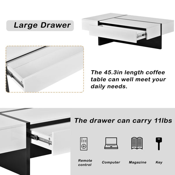 English Elm On-trend Gloss Rectangular Coffee Table with Drawer Black White Living Room WF292142AAK