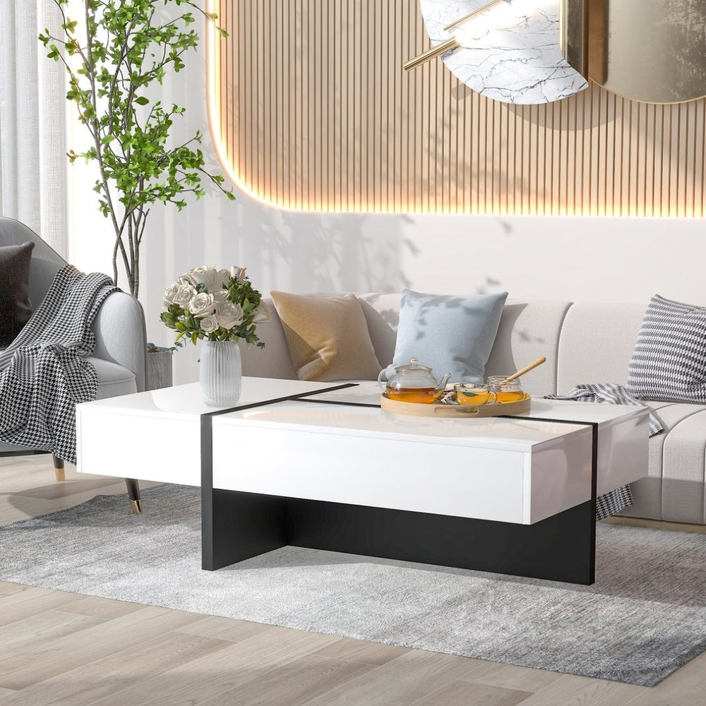 English Elm On-trend Gloss Rectangular Coffee Table with Drawer Black White Living Room WF292142AAK