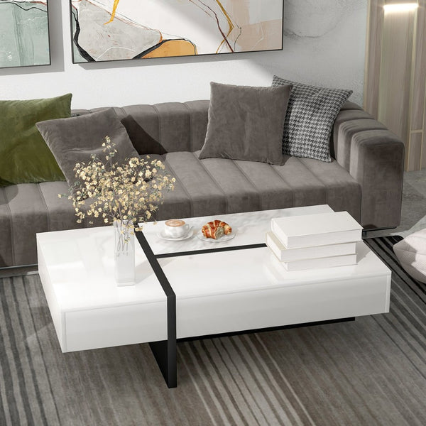 English Elm On-trend Gloss Rectangular Coffee Table with Drawer Black White Living Room WF292142AAK