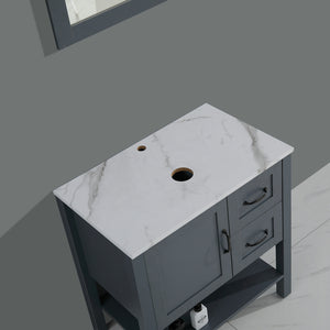 English Elm 30in Dark Hydron Blue Bathroom Vanity w/ Marble Pattern Top, Soft-Close Hinges, Bronze Handles W122346708