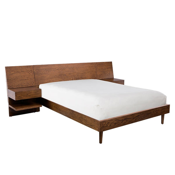 English Elm Clark King Bed with Attached Dual Nightstands, Oak Veneer Platform, Hidden Slide Storage, Low Headboard Modern Design B035S00021