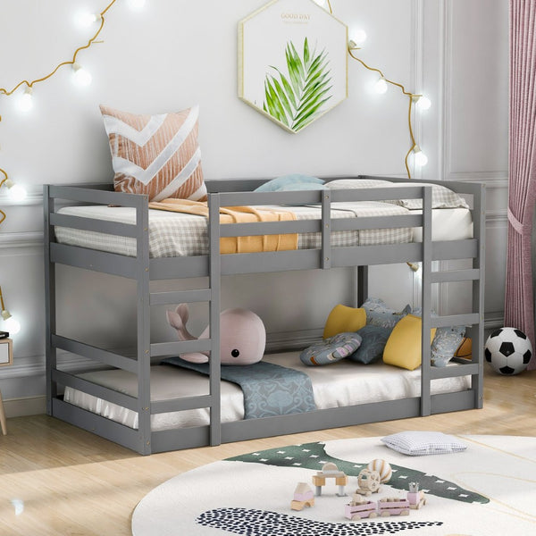 English Elm Twin Over Bunk Bed Solid Pine Frame Gray Finish Full Guardrail Kids Room N708P251018E