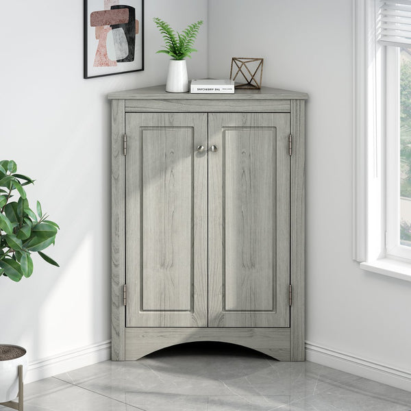English Elm Oak Triangle Corner Cabinet with Adjustable Shelves, Freestanding Oak Storage for Bathroom & Kitchen WF291467AAL