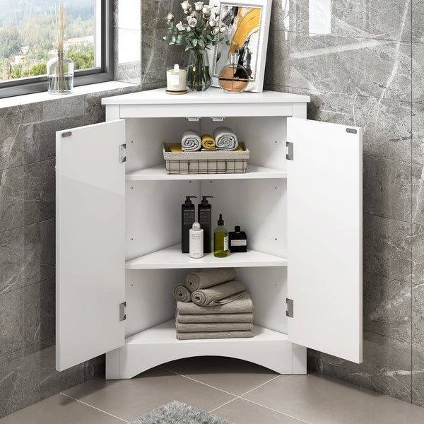 English Elm White Triangle Corner Cabinet with Adjustable Shelves, Modern MDF Freestanding Storage for Kitchen Bath WF291467AAK