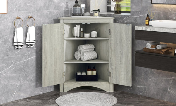 English Elm Oak Triangle Corner Cabinet with Adjustable Shelves, Freestanding Oak Storage for Bathroom & Kitchen WF291467AAL