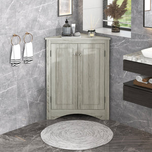 English Elm Oak Triangle Corner Cabinet with Adjustable Shelves, Freestanding Oak Storage for Bathroom & Kitchen WF291467AAL